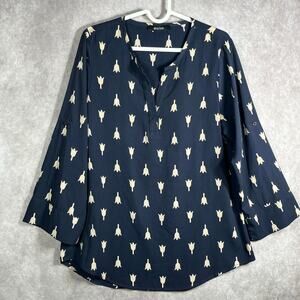 41Hawthorn Blouse Womens Large Blue Tulip Print‎ Roll Tab Sleeves V-Neck Casual